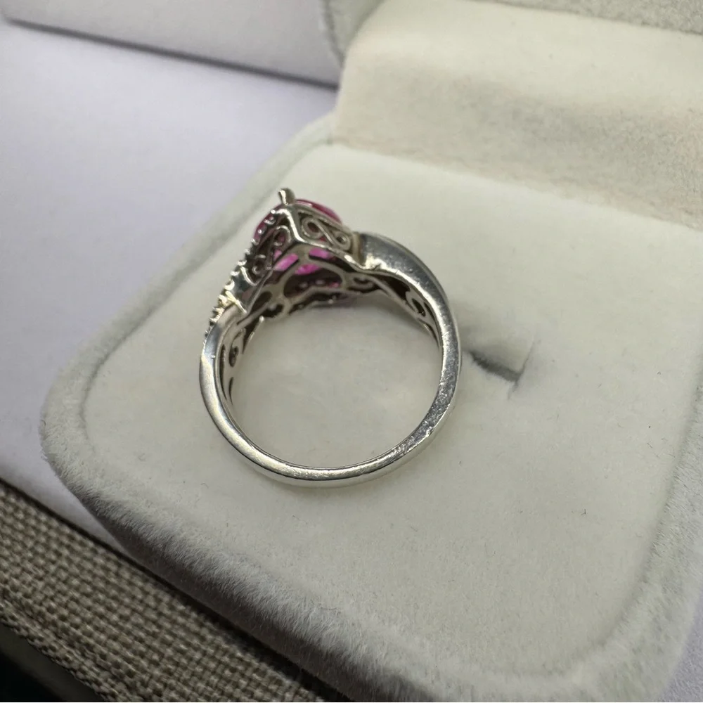 Pink Sapphire & Diamonds & Topaz 925 Sterling Silver Ring Size 5.5